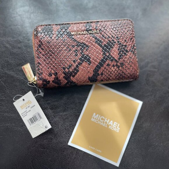NWT Michael Kors Jet Set Small Leather Wallet Card Case Snake Pattern - Picture 3 of 11
